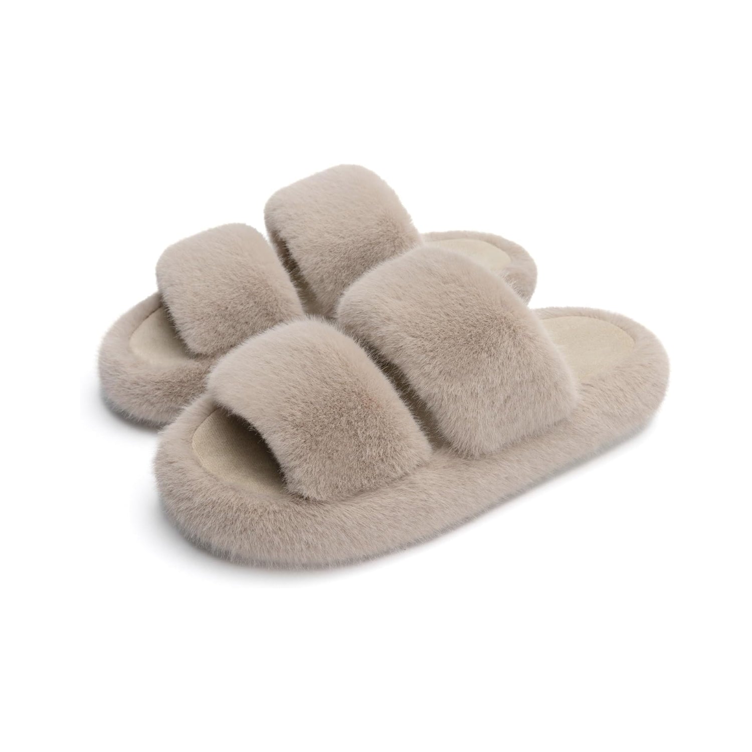 LALA Women's Memory Foam Fuzzy Comfy Faux Fur House Shoes - Furry Bedroom Indoor Open Toe Slippers with Two Bands - Trendy Gift Slippers