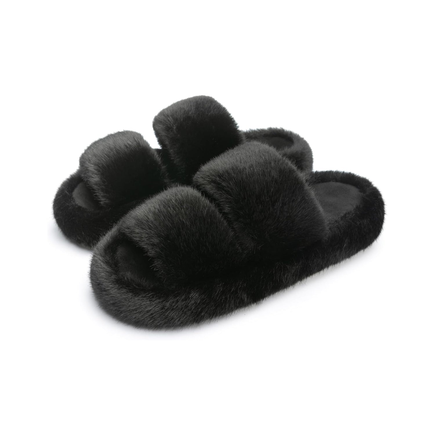 LALA Women's Memory Foam Fuzzy Comfy Faux Fur House Shoes - Furry Bedroom Indoor Open Toe Slippers with Two Bands - Trendy Gift Slippers