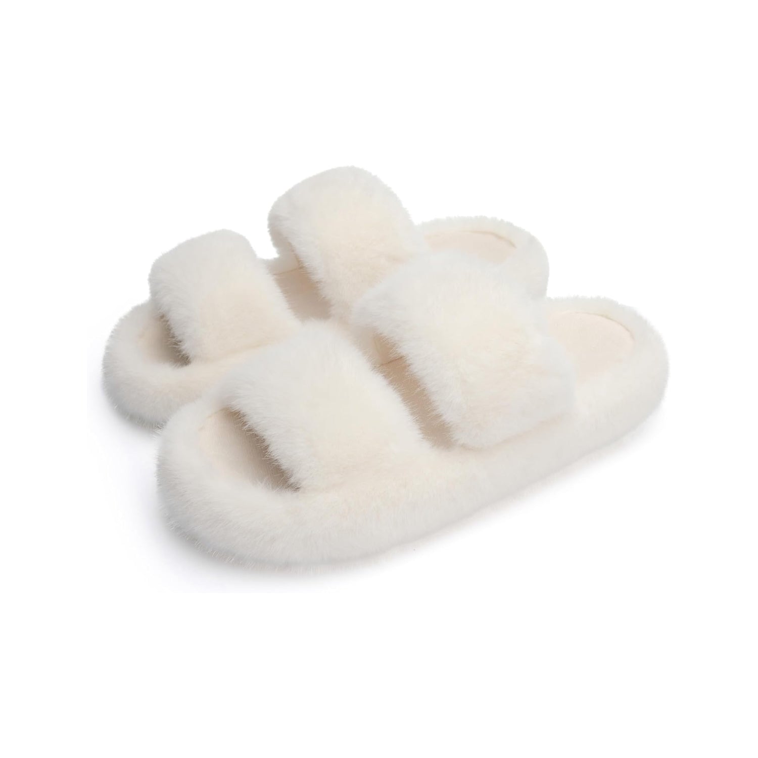 LALA Women's Memory Foam Fuzzy Comfy Faux Fur House Shoes - Furry Bedroom Indoor Open Toe Slippers with Two Bands - Trendy Gift Slippers