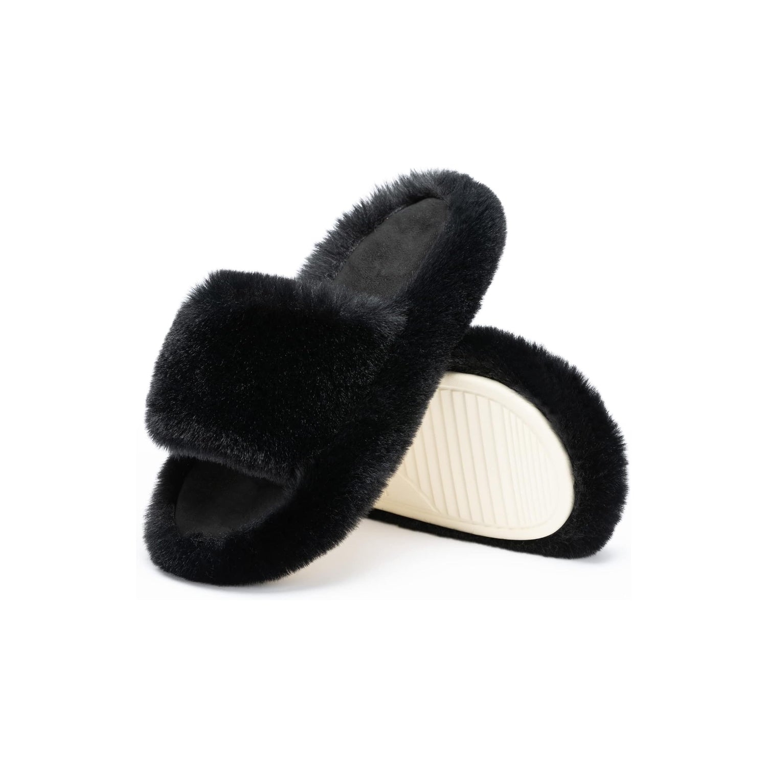 LALA Women's Blue Memory Foam Faux Fur Lined Open Toe Slippers for Women - US 12